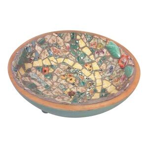 Handcrafted Large Scale Mosaic Decorative Footed Wood Bowl with Floral Fauna